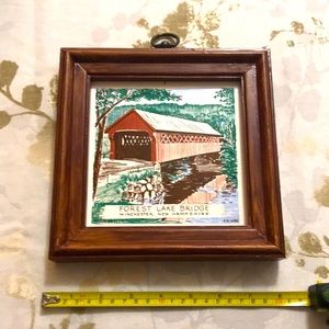 Vintage Porcelain Covered Bridge Tile/Trivet with Wood Frame
